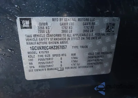 2017 Chevrolet Silverado 1500 1Lt из США, поврежденный, VIN 1GCVKREC4HZ267057